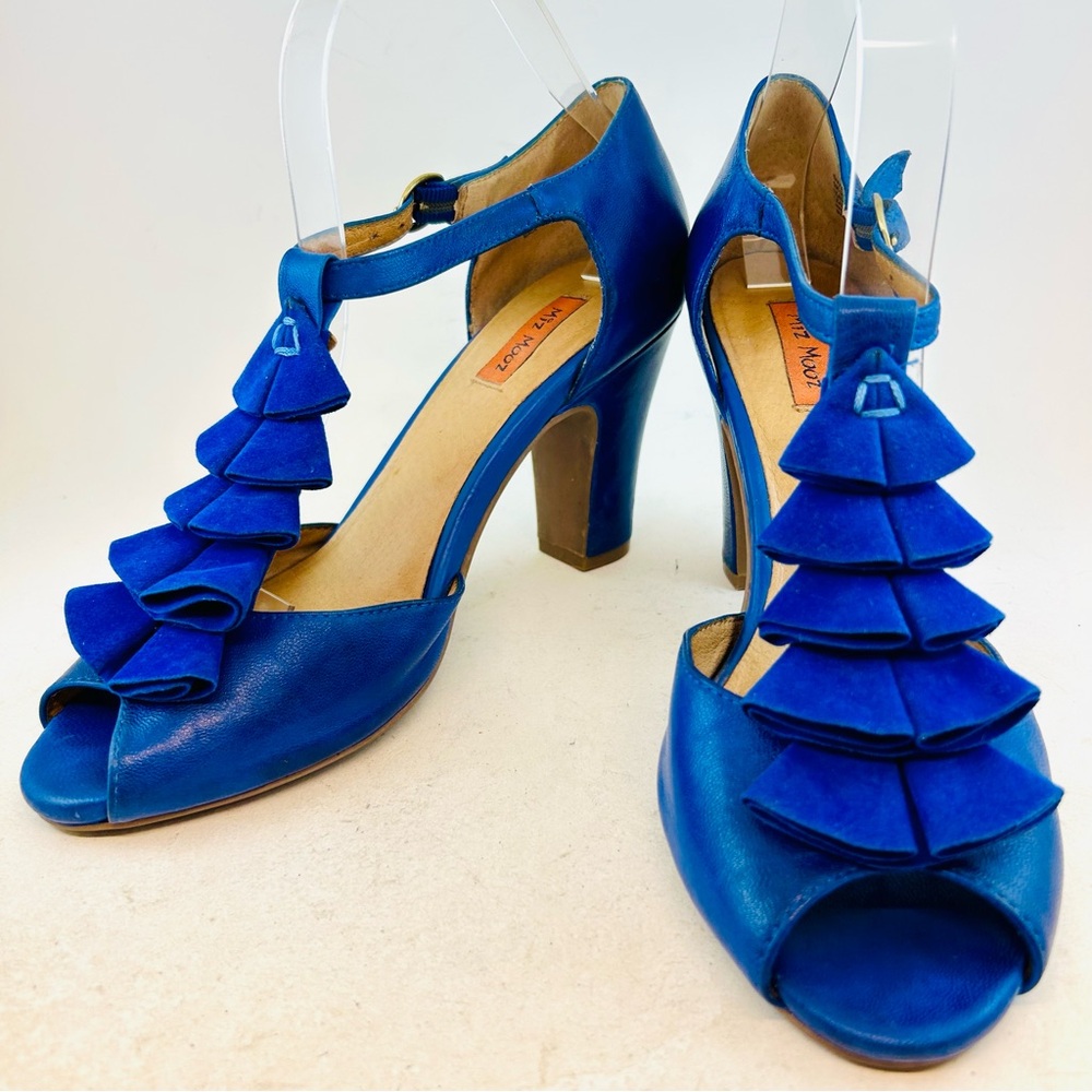 Miz Mooz Blue Leather Retro Vintage Vibe Sailor T-Strap Ruffle Heels size 8